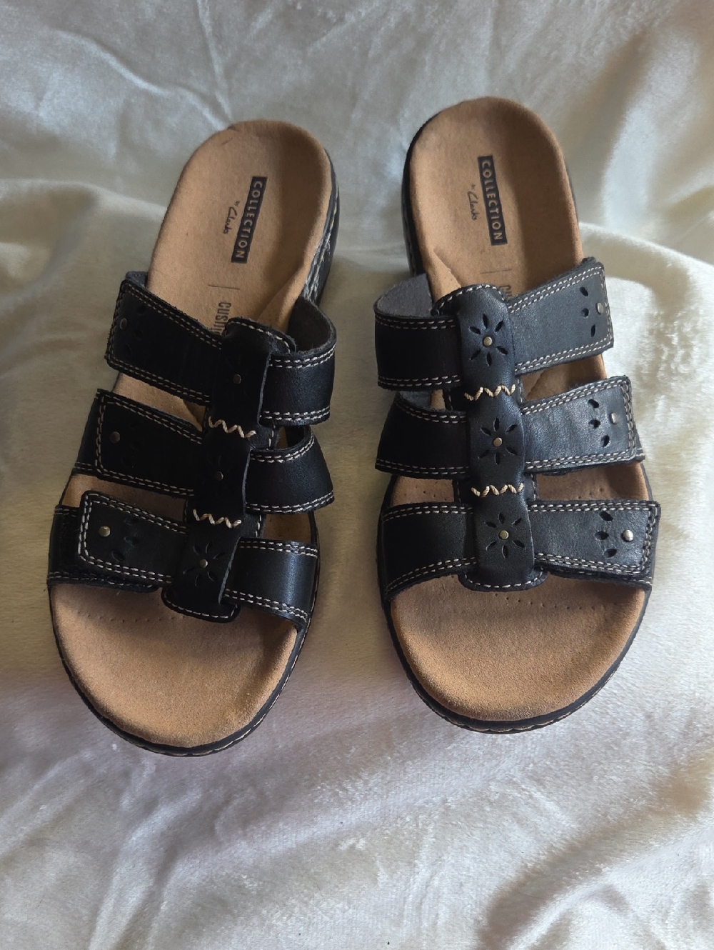 Clarks Black Triple-Strap Comfort Slide Sandals
